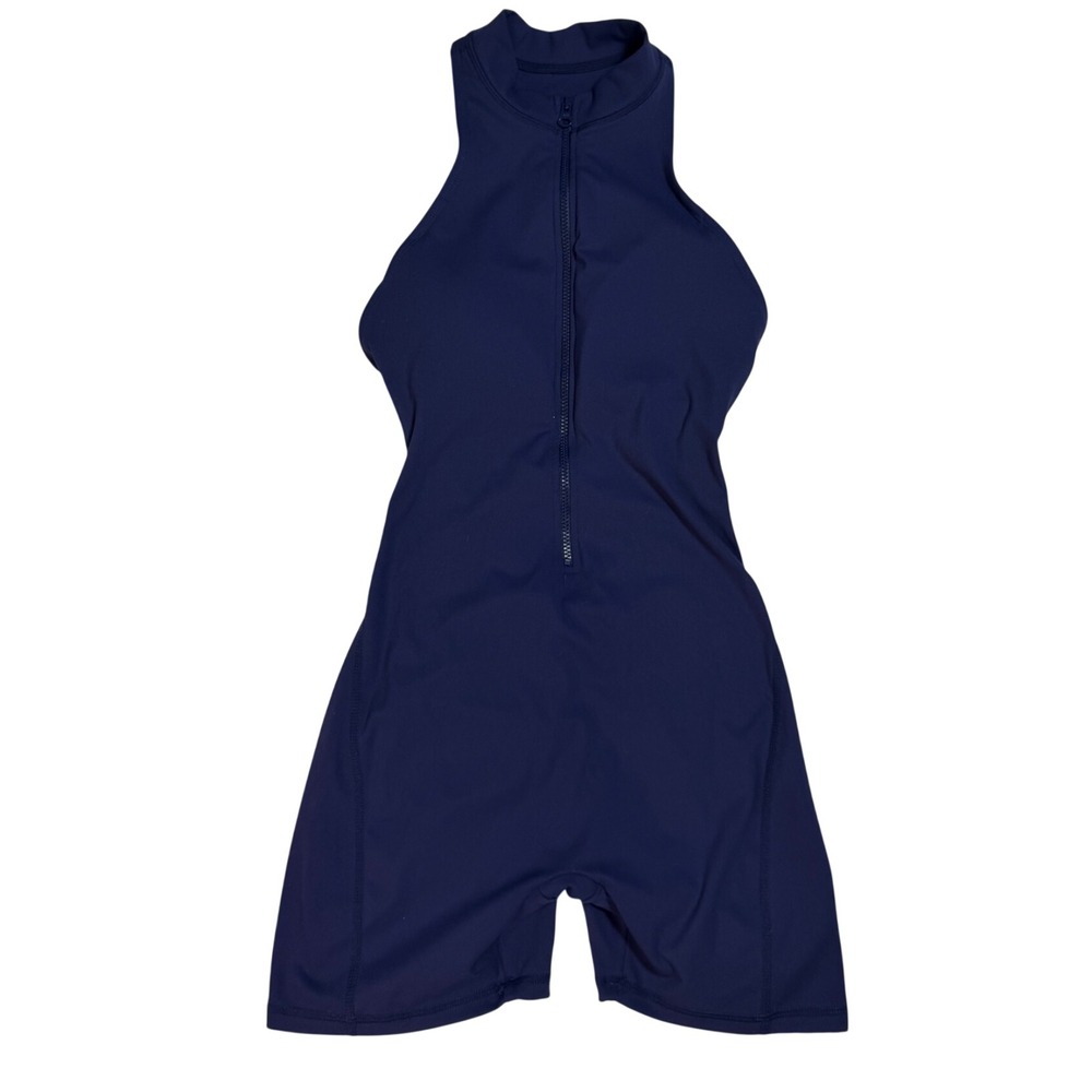 GPA Navy Blue Quarter Zip Mock Neck Open Back Equestrian Romper Biker Short